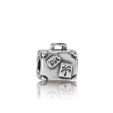 PANDORA Sterling Silver Suitcase Bead Engraved with DK, Palm Tree