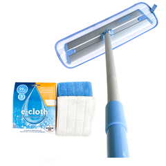 E-CLOTH<br/>深層清潔除菌抗過敏 - 輕量級拖把 120cm + 專用替換拖布 (除菌抗過敏藍布+靜電除塵白布) 超值包