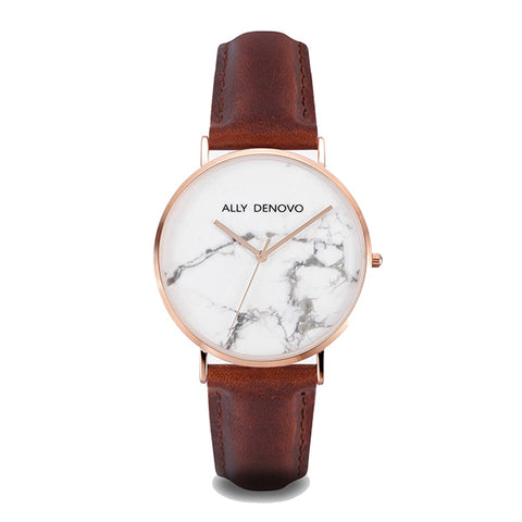 ALLY DENOVO<br/>[男款] 皮革腕錶 - 白大理面玫瑰金框復古红棕色真皮錶帶 (限量一隻)