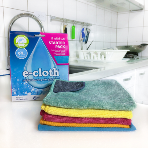E-CLOTH<br/>深層清潔除菌抗過敏 - 輕量級拖把 120cm + 科技清潔布超值五件組 (廚房清潔布+浴室清潔布+萬用清潔布+窗戶清潔布+玻璃拋光布)