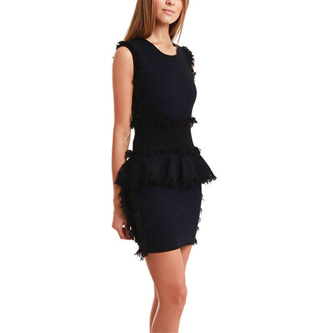 MCQ ALEXANDER MCQUEEN Fringe Tweed Dress<br/>黑色條紋花呢連衣洋裝