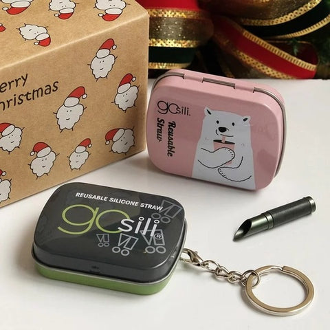 GOSILI<br/>聖誕吸管插畫禮盒組鑰匙圈 - 沉穩灰 + 北極熊 附切口器