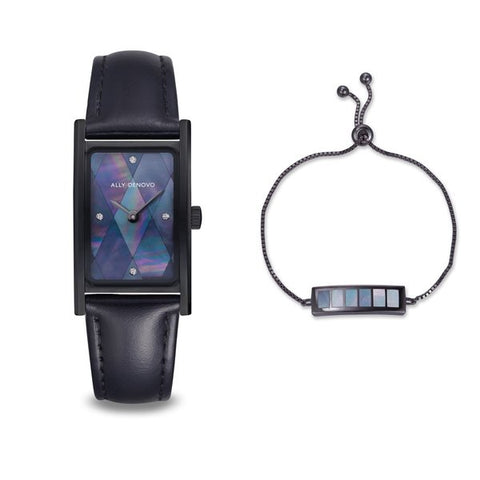 ALLY DENOVO<br/>[女款] 黑框藍菱黑色手錶 - 限量頂級方形琉璃錶鍊禮盒 (限時贈送銀製手鍊)