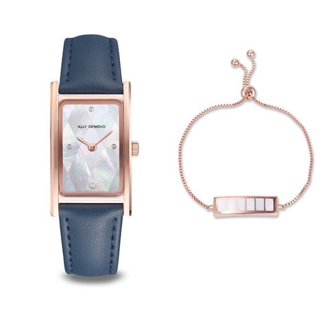 ALLY DENOVO<br/>[女款] 珍珠白菱玫瑰金框海軍藍手錶 - 限量頂級方形琉璃錶鍊禮盒 (限時贈送銀製手鍊)