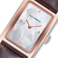 ALLY DENOVO<br/>[女款] 珍珠白菱玫瑰金框咖啡手錶 - 限量頂級方形琉璃錶鍊禮盒 (限時贈送 銀製手鍊)