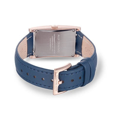 ALLY DENOVO<br/>[女款] 珍珠白菱玫瑰金框海軍藍手錶 - 限量頂級方形琉璃錶鍊禮盒 (限時贈送銀製手鍊)
