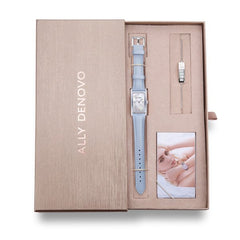 ALLY DENOVO<br/>[女款] 甜美粉藍銀框手錶 - 限量頂級方形琉璃錶鍊禮盒 (限時贈送銀製手鍊)