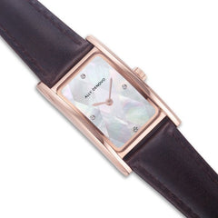 ALLY DENOVO<br/>[女款] 珍珠白菱玫瑰金框咖啡手錶 - 限量頂級方形琉璃錶鍊禮盒 (限時贈送 銀製手鍊)
